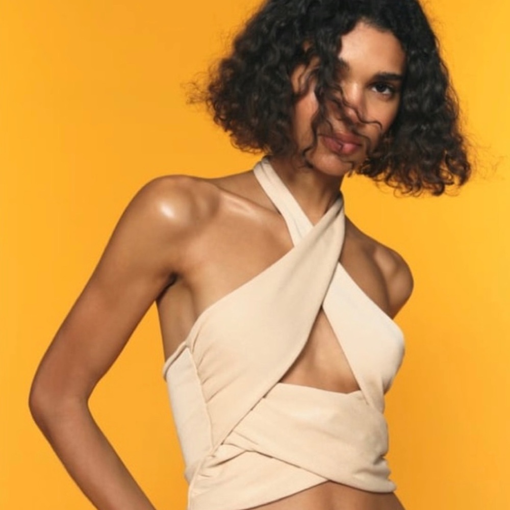WORN ONCE Zara cropped wrap knit top in tan/sand